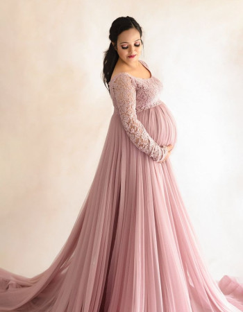 Buy Onion Pink Maternity Gown With Lace Top